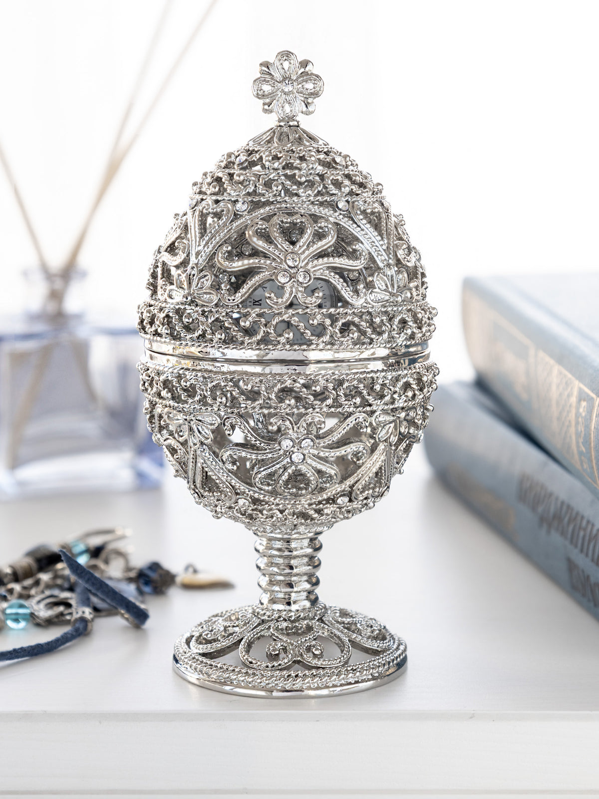Keren Kopal Silver Faberge Egg with Clock Inside