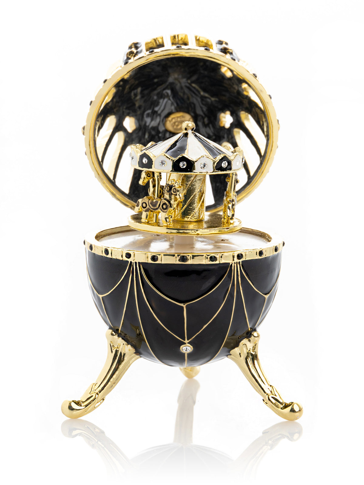 Keren Kopal Black and Gold Faberge Egg with Horse Carousel Surprise Inside