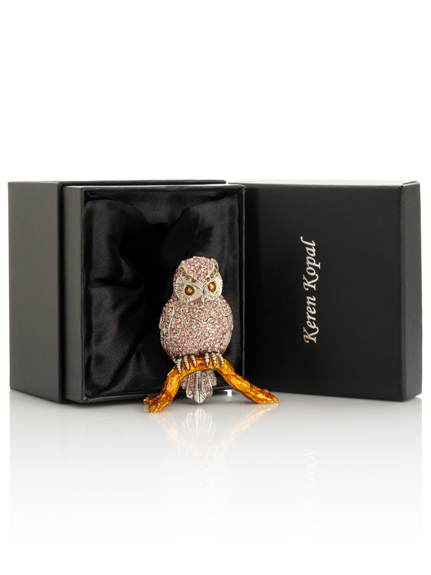 Pink & Silver Crystal Owl on Amber Tree Branch Trinket Box