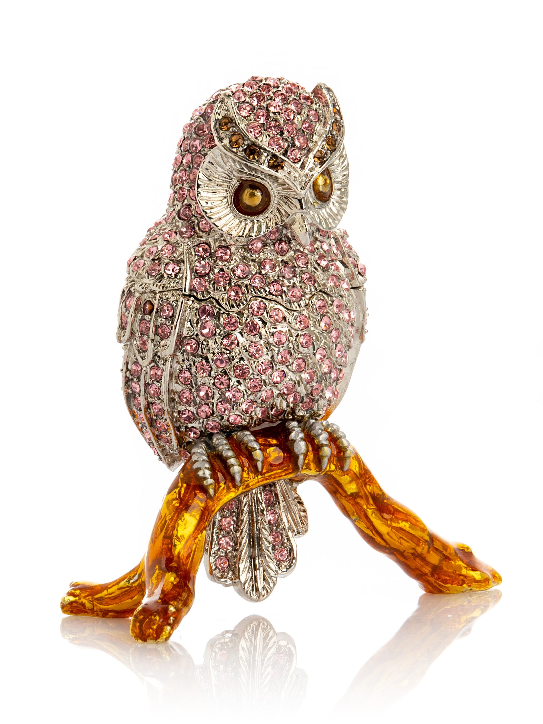 Pink & Silver Crystal Owl on Amber Tree Branch Trinket Box