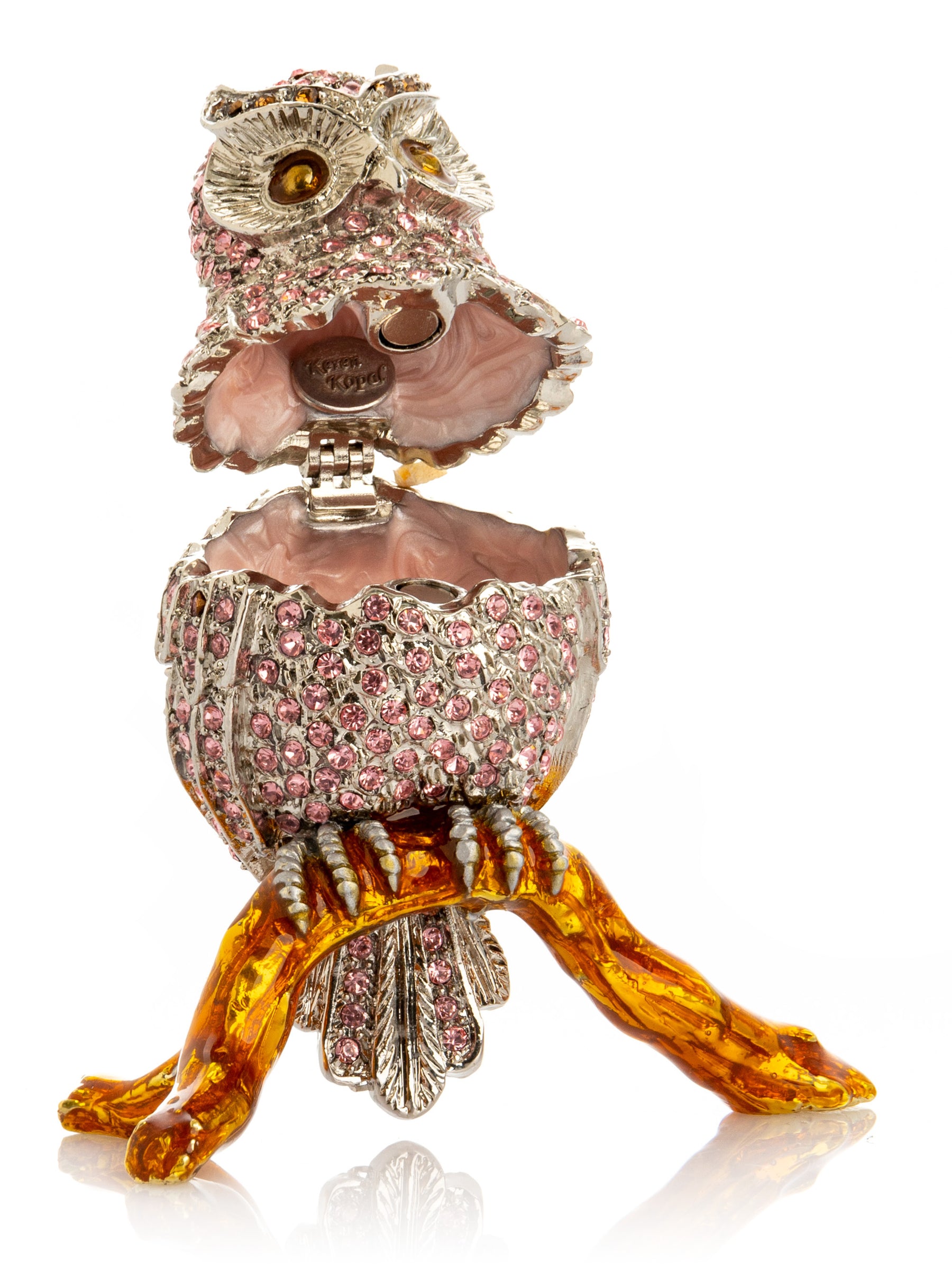 Pink & Silver Crystal Owl on Amber Tree Branch Trinket Box