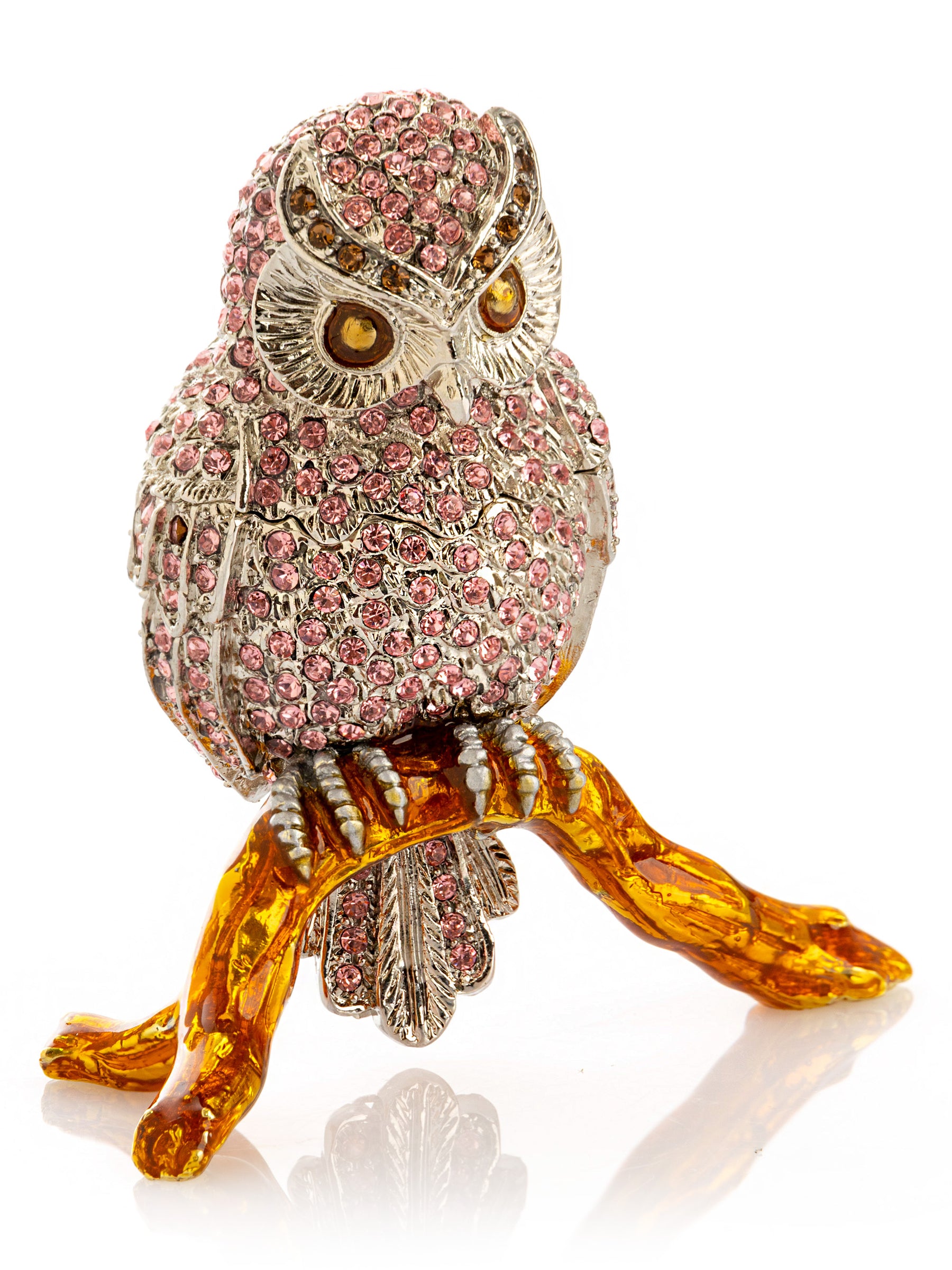 Pink & Silver Crystal Owl on Amber Tree Branch Trinket Box