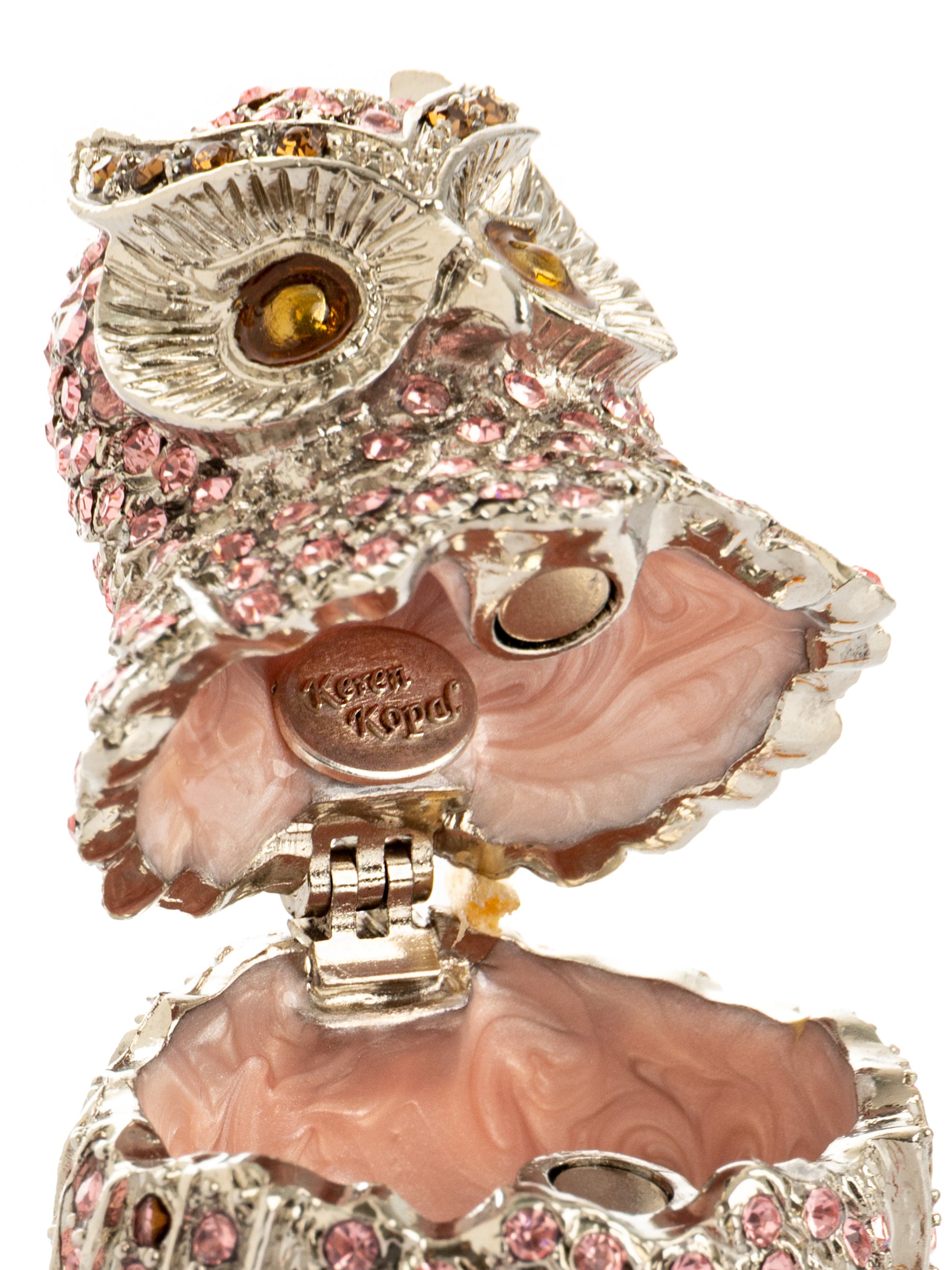 Pink & Silver Crystal Owl on Amber Tree Branch Trinket Box