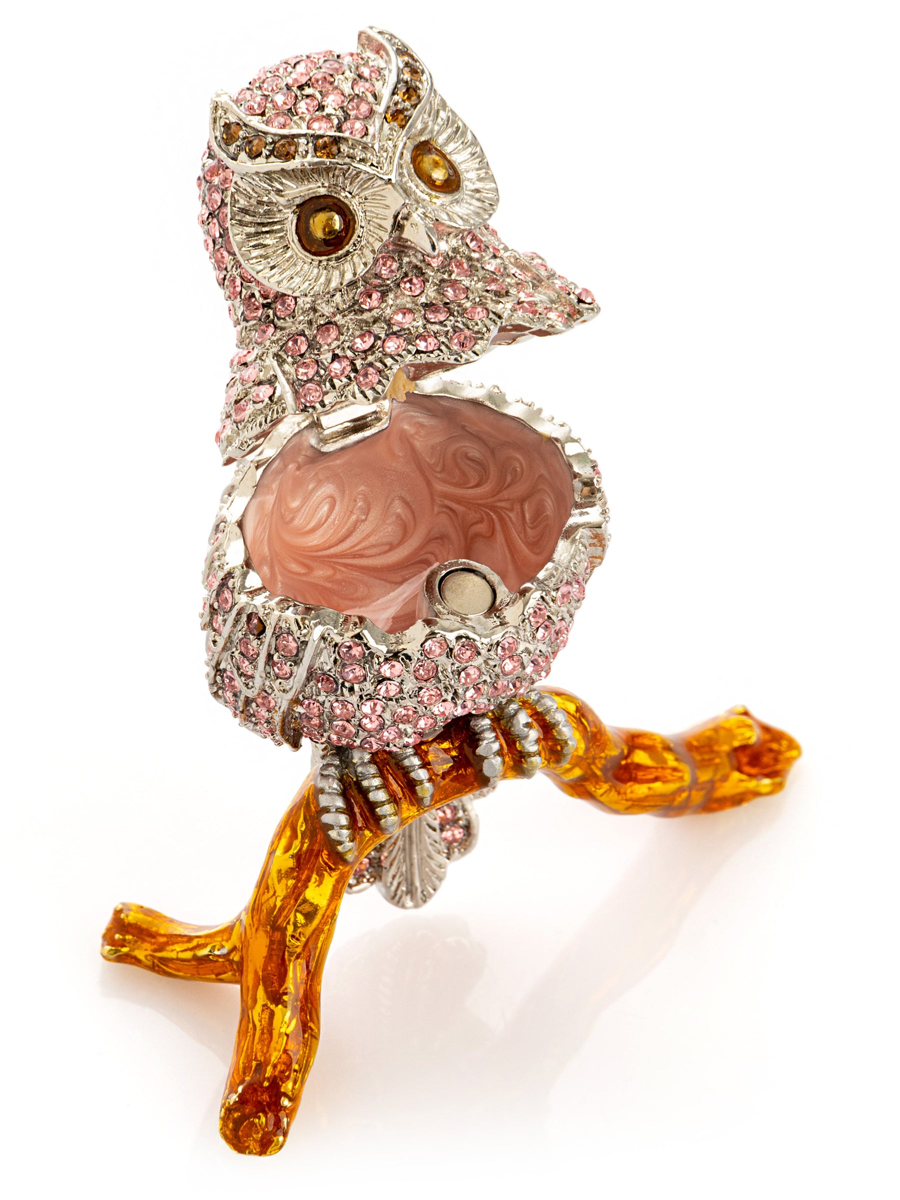 Pink & Silver Crystal Owl on Amber Tree Branch Trinket Box