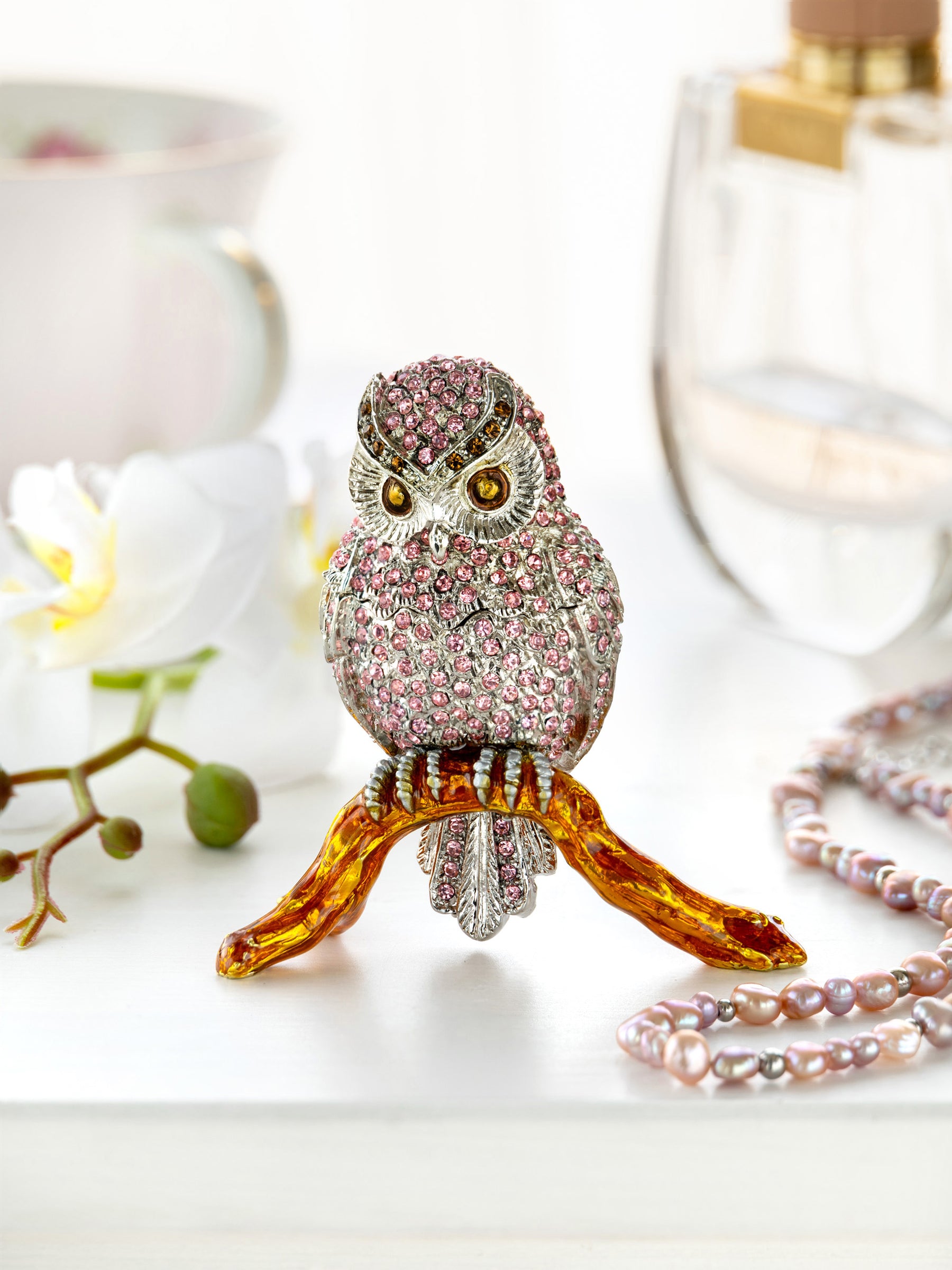 Pink & Silver Crystal Owl on Amber Tree Branch Trinket Box
