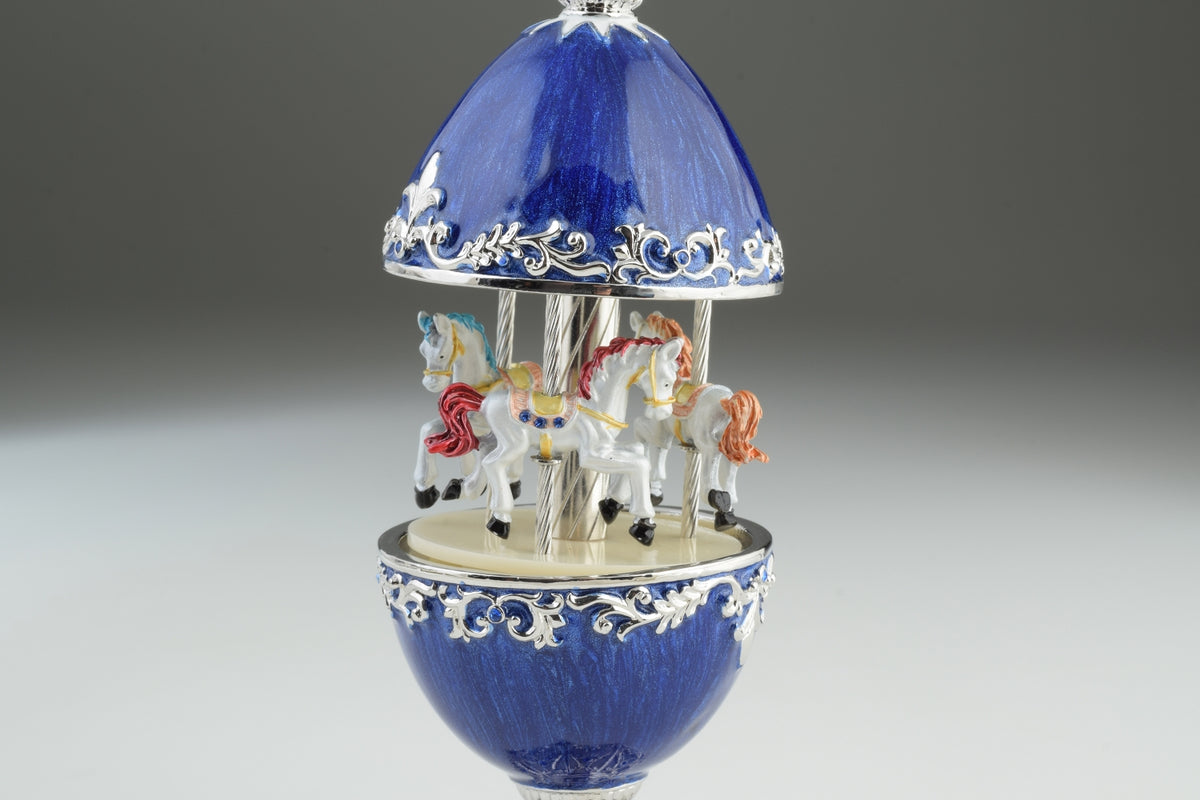Keren Kopal Blue Faberge Egg Carousel with White Royal Horses