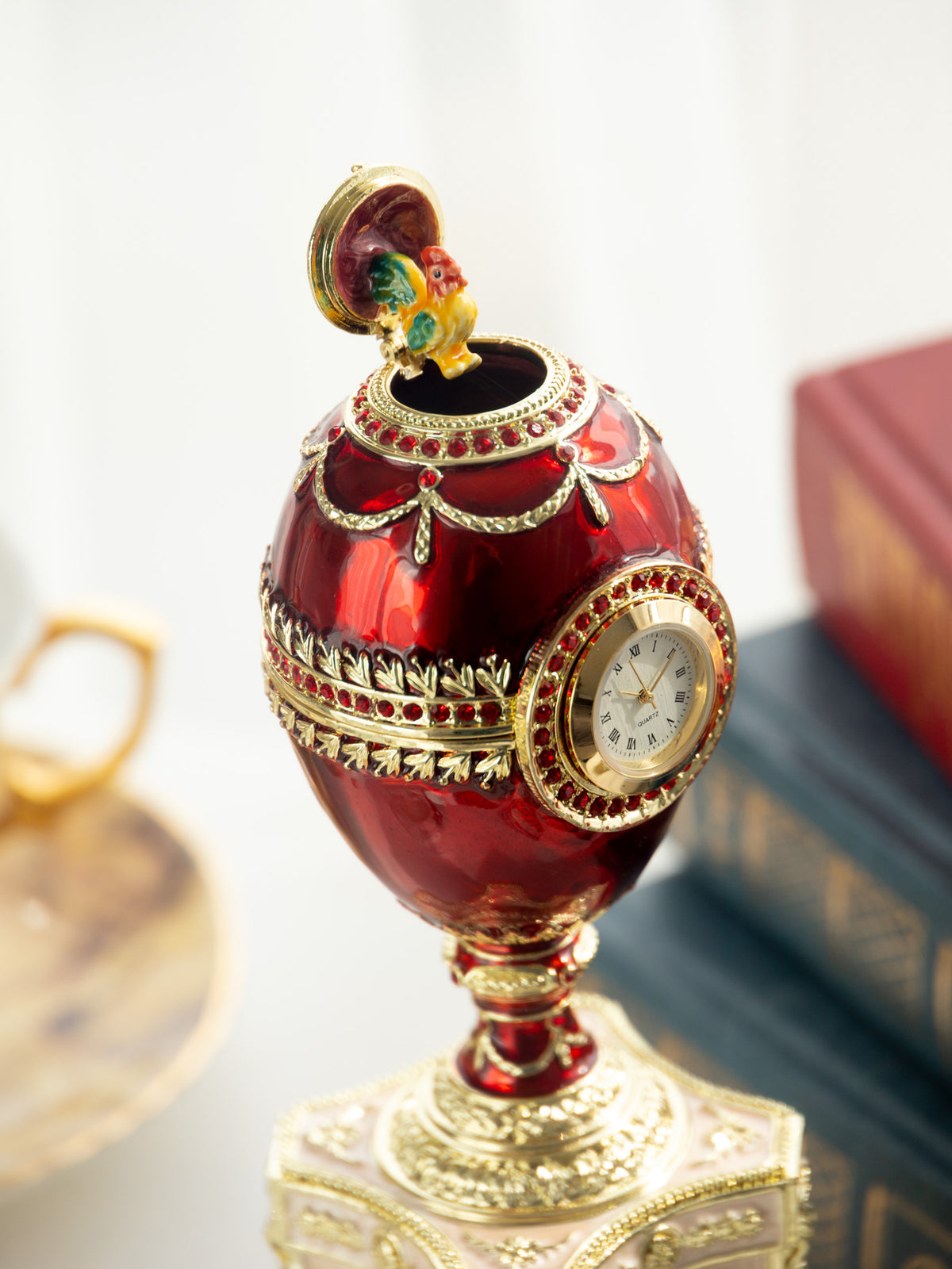 Keren Kopal Red Faberge Egg with a Pearl and a Clock