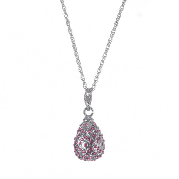 Collier Pendentif Œuf Argenté avec Cristaux Roses