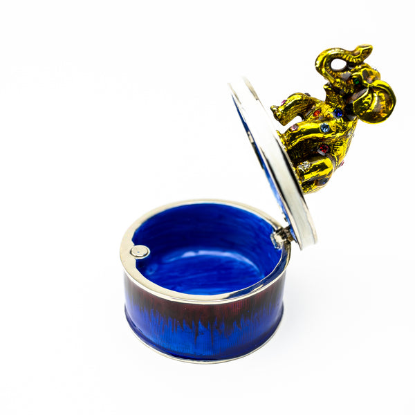Éléphant doré sur Boîte à bijoux bleue