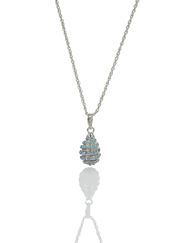 Collier Pendentif Œuf Argenté avec Cristaux Bleus