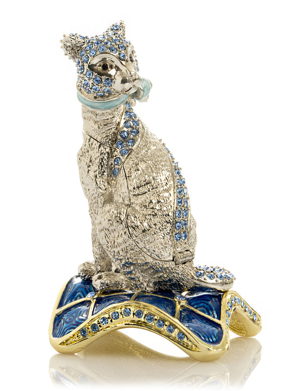 Élégante Boîte à bijoux Chat en Argent avec Cristaux Bleus