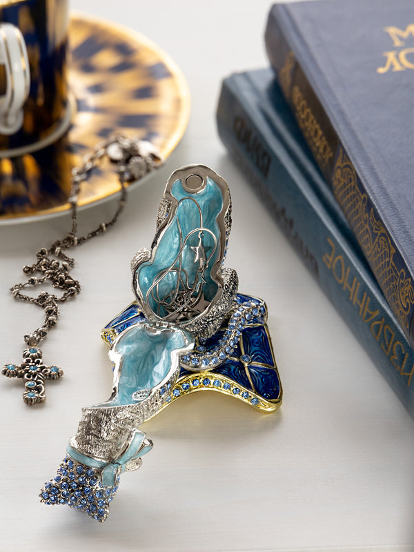 Élégante Boîte à bijoux Chat en Argent avec Cristaux Bleus