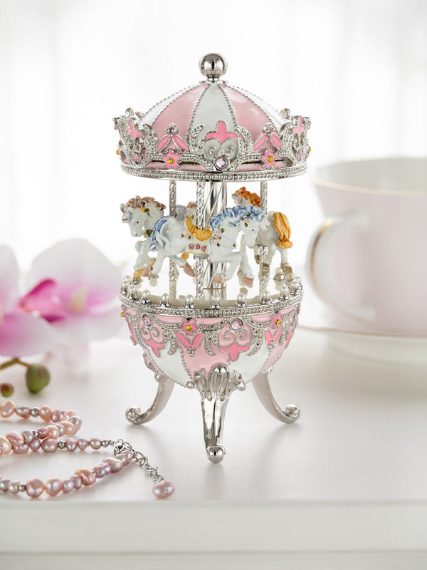 Œuf Fabergé Rose avec Carrousel de Chevaux à Remontoir