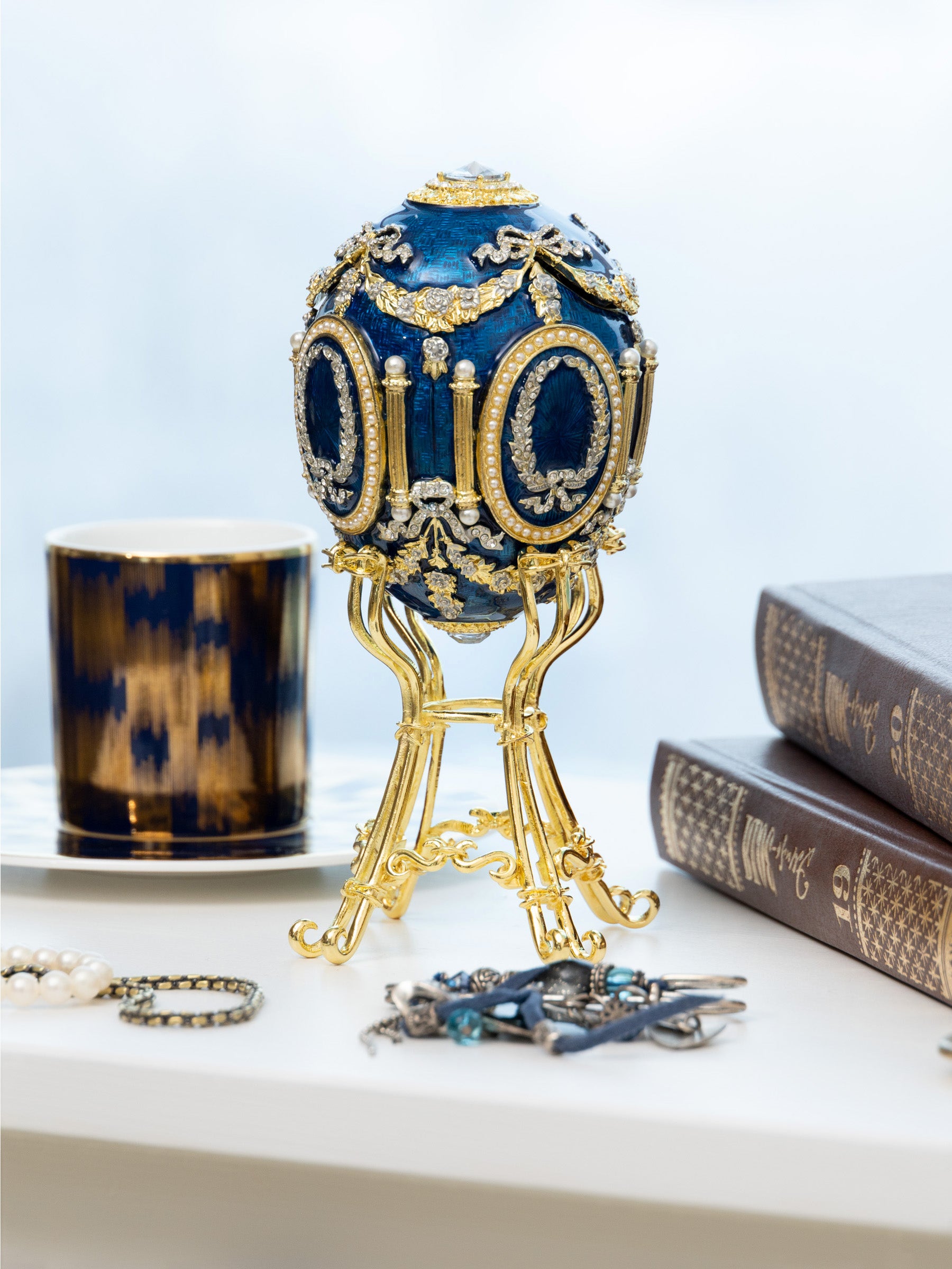 Blue Faberge Egg with Swan Inside