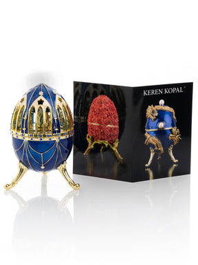 Blue and Gold Faberge Egg with Horse Carousel Surprise Inside