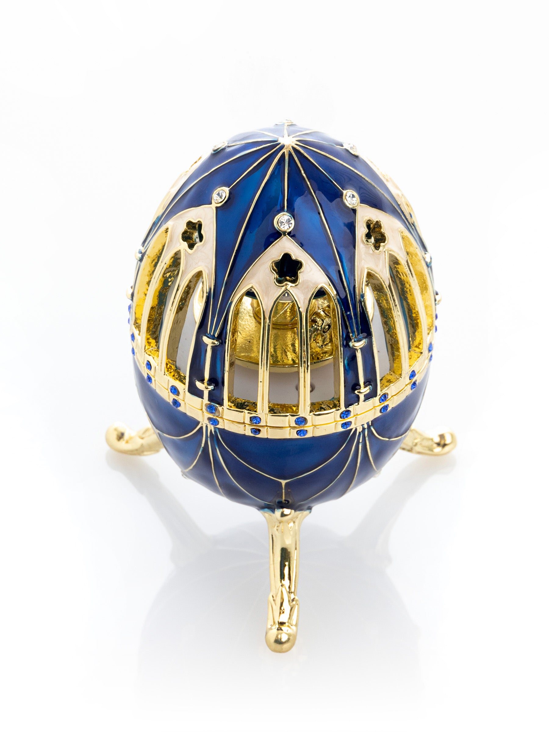 Blue and Gold Faberge Egg with Horse Carousel Surprise Inside