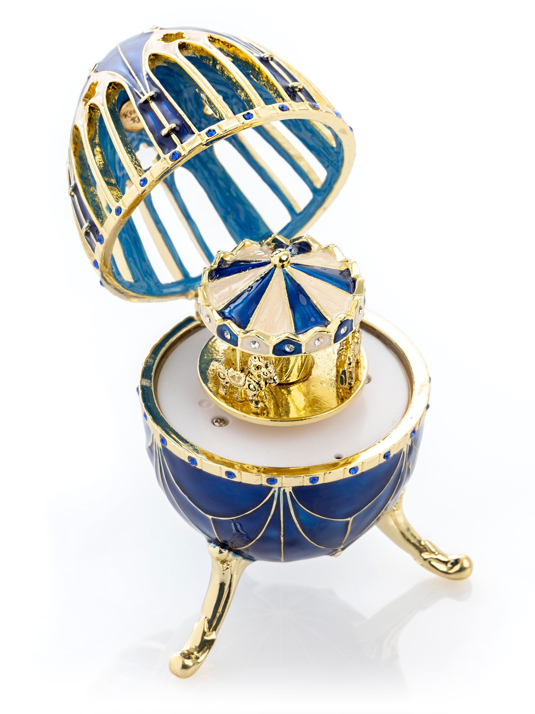 Blue and Gold Faberge Egg with Horse Carousel Surprise Inside