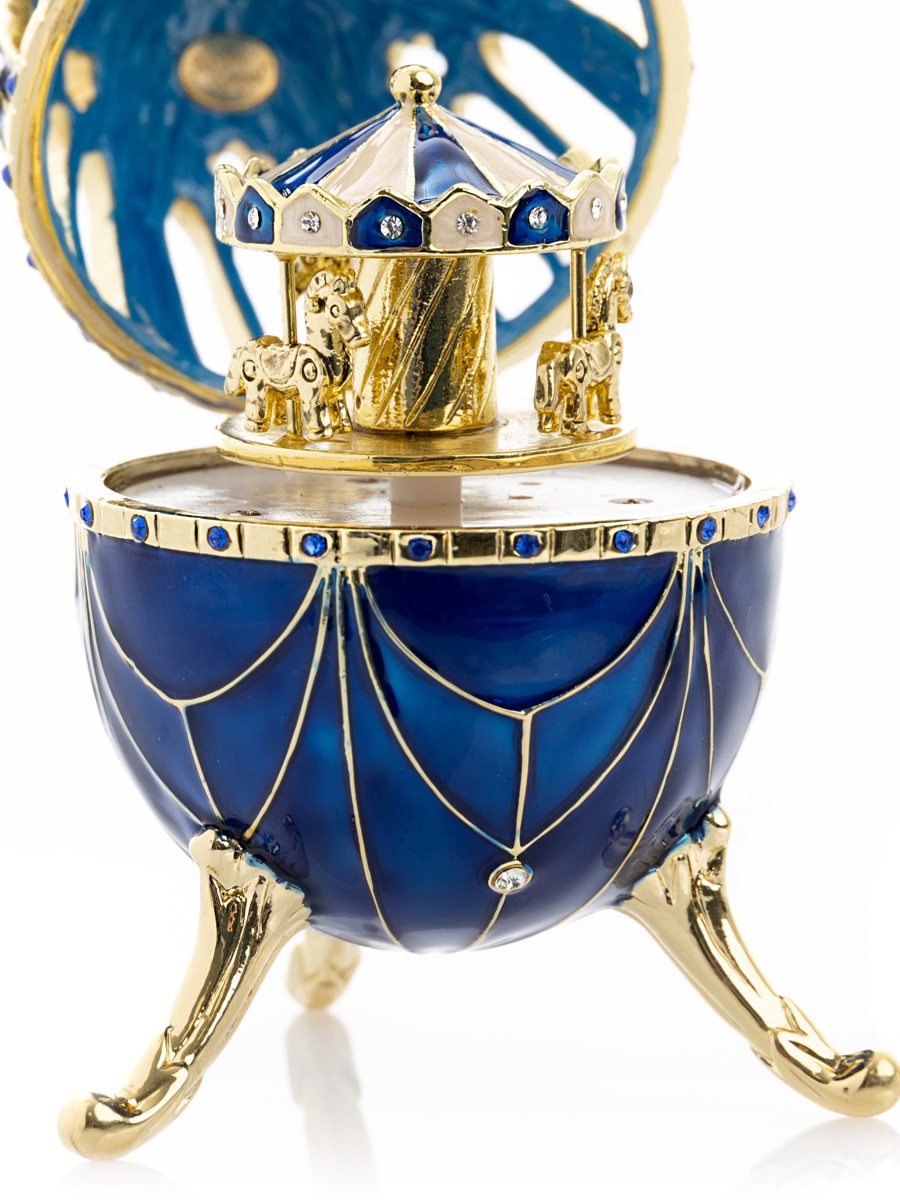 Blue and Gold Faberge Egg with Horse Carousel Surprise Inside