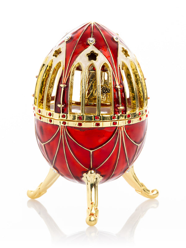 Œuf Fabergé Rouge avec Carrousel de Chevaux Surprise à l'Intérieur
