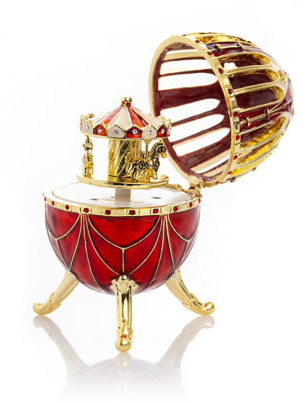Œuf Fabergé Rouge avec Carrousel de Chevaux Surprise à l'Intérieur