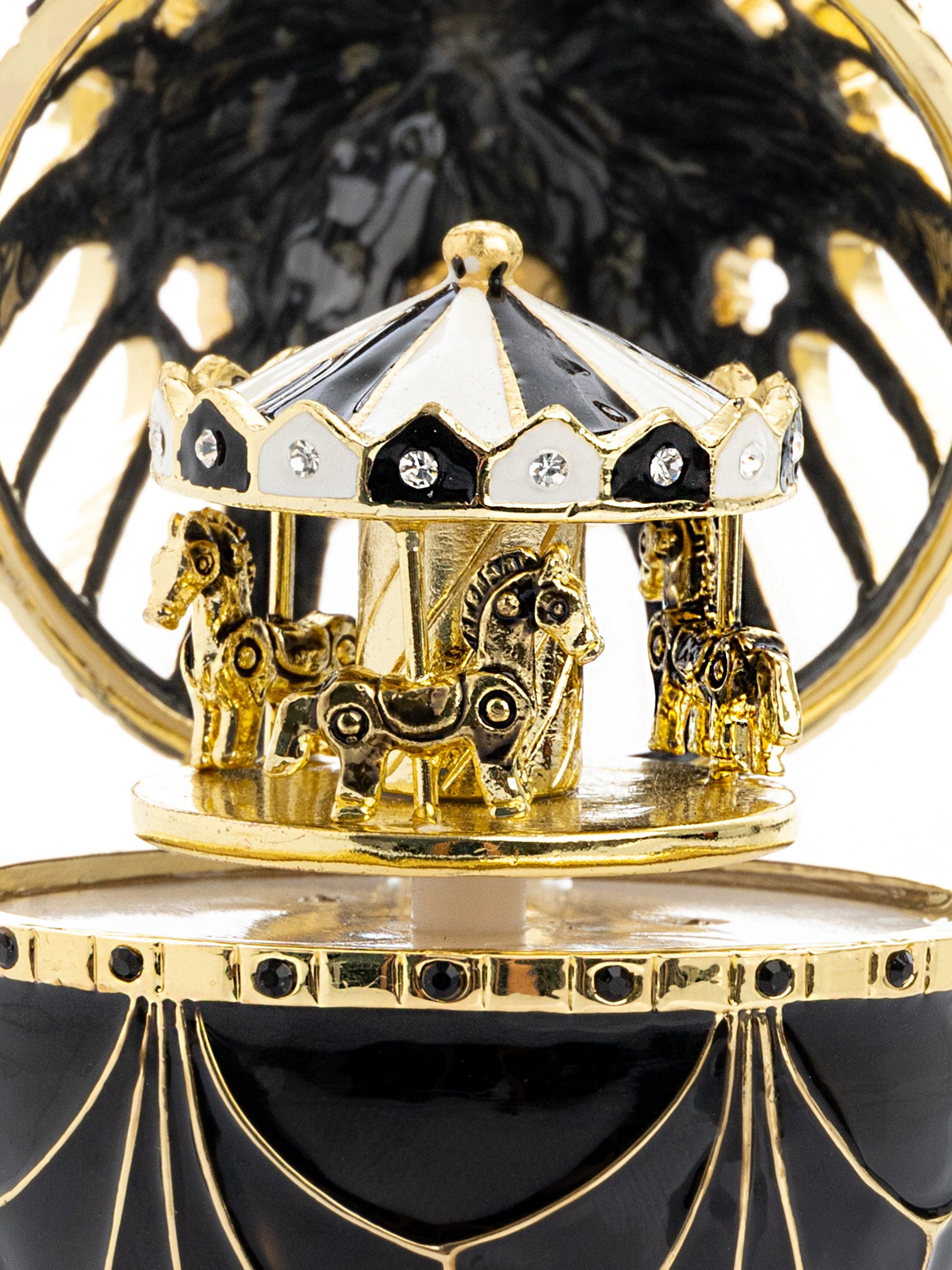 Black and Gold Faberge Egg with Horse Carousel Surprise Inside