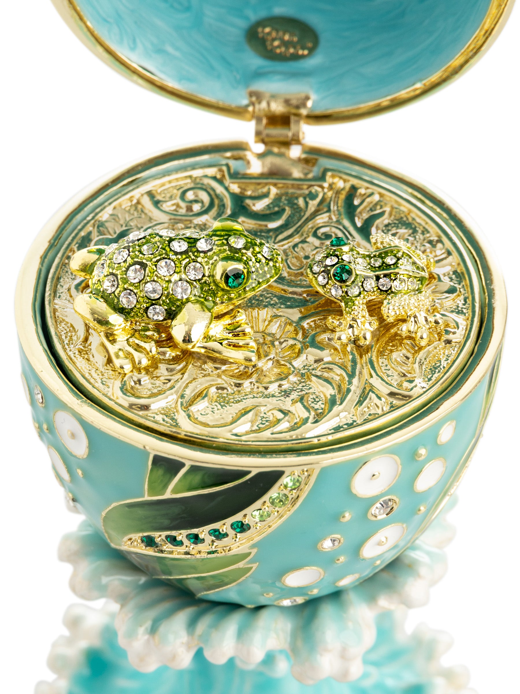 Turquoise Faberge Egg with 2 Frogs Surprise Inside