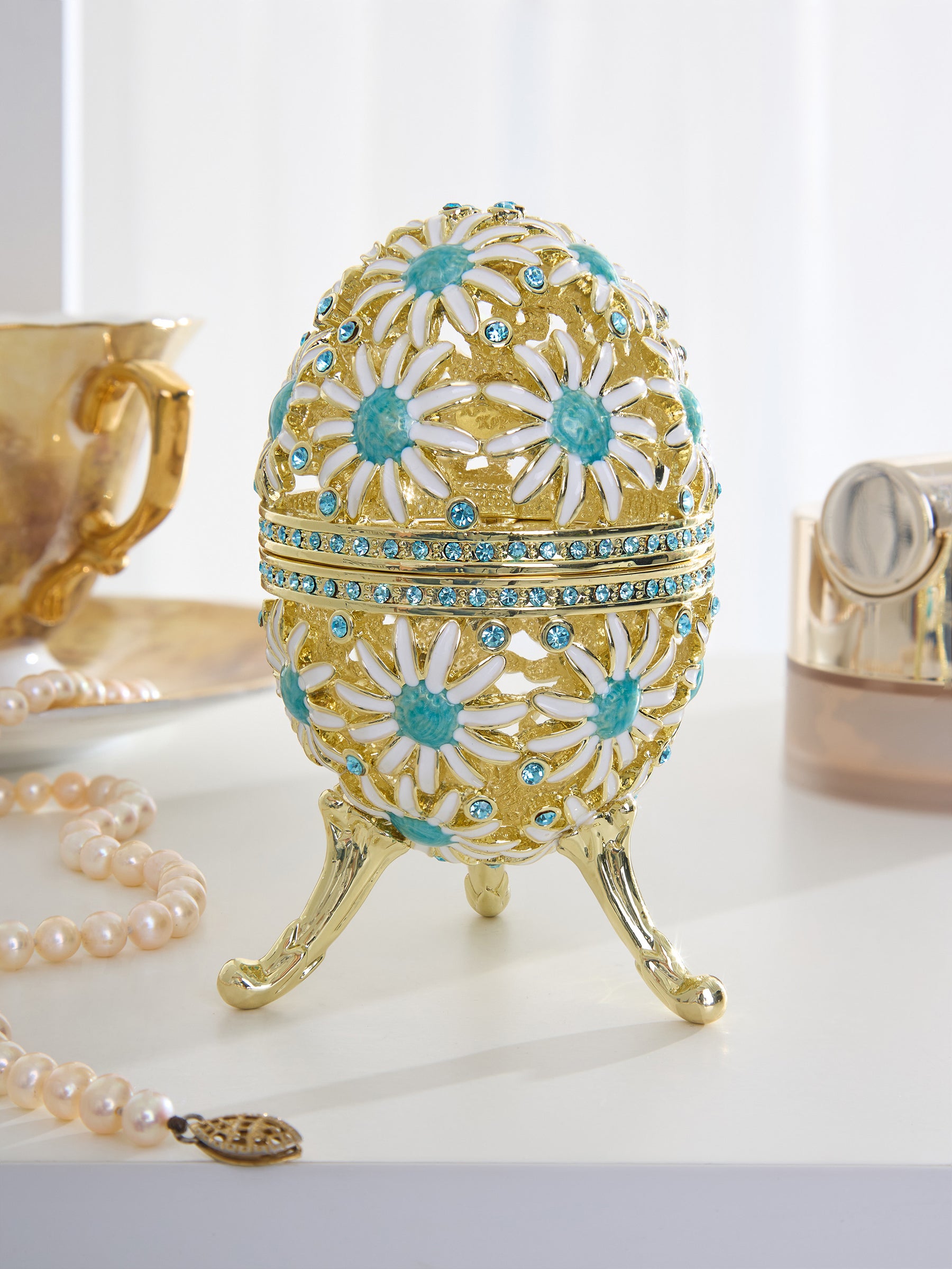 Keren Kopal Gold Easter Egg with Blue and White Flowers