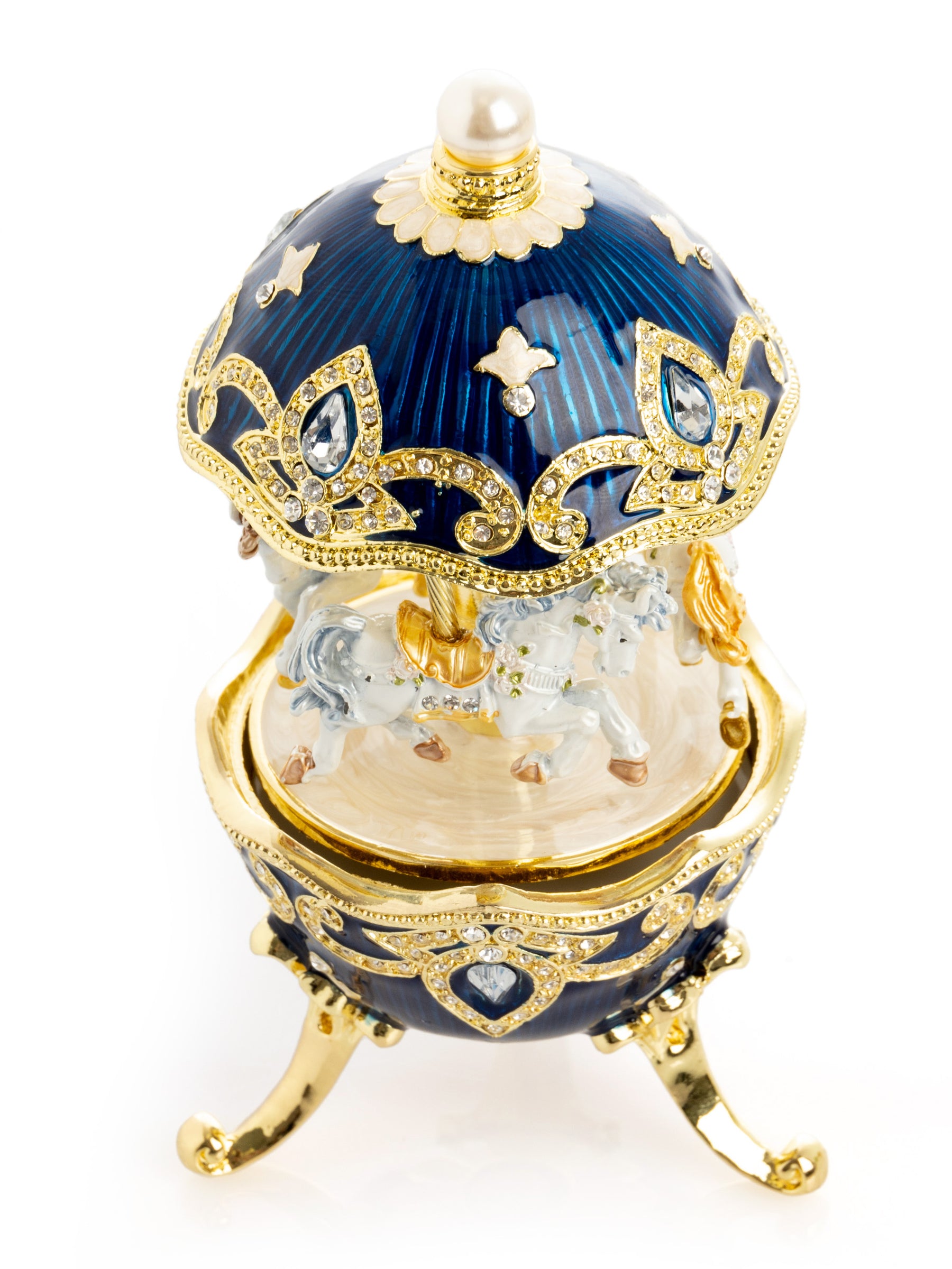 Blue Wind up Horse Carousel Faberge Egg