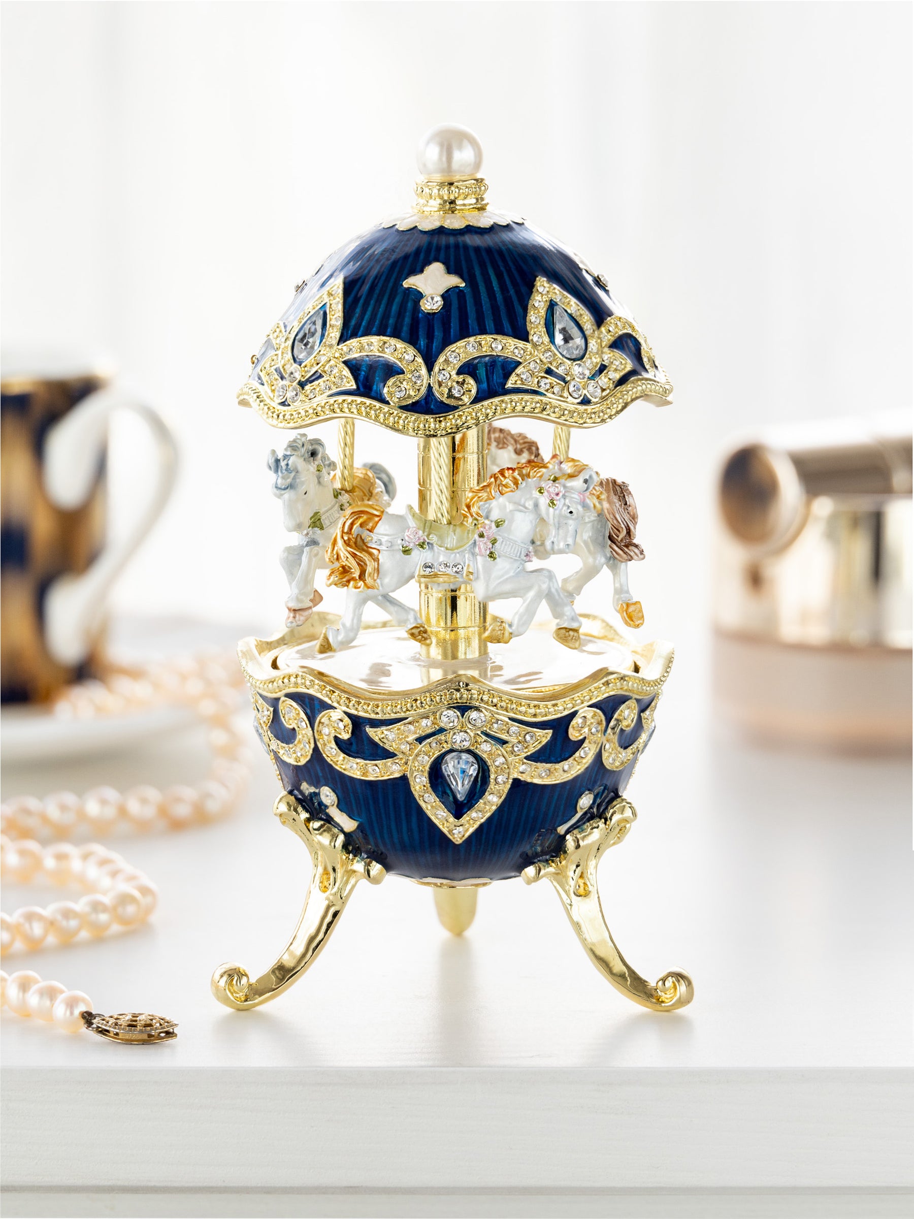 Keren Kopal Blue Wind up Horse Carousel Faberge Egg