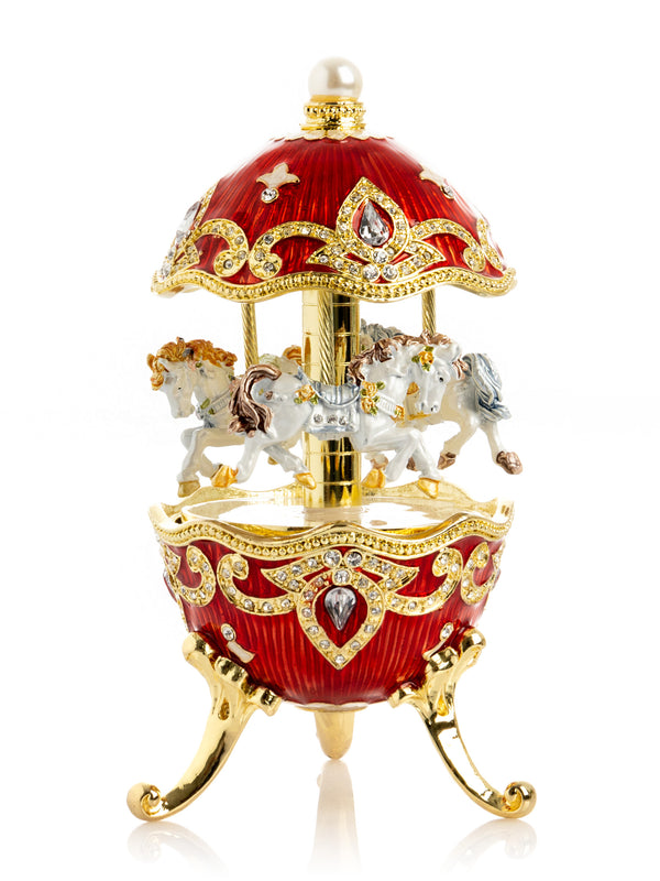 Œuf style Fabergé Carrousel de Cheval Rouge à Remonter