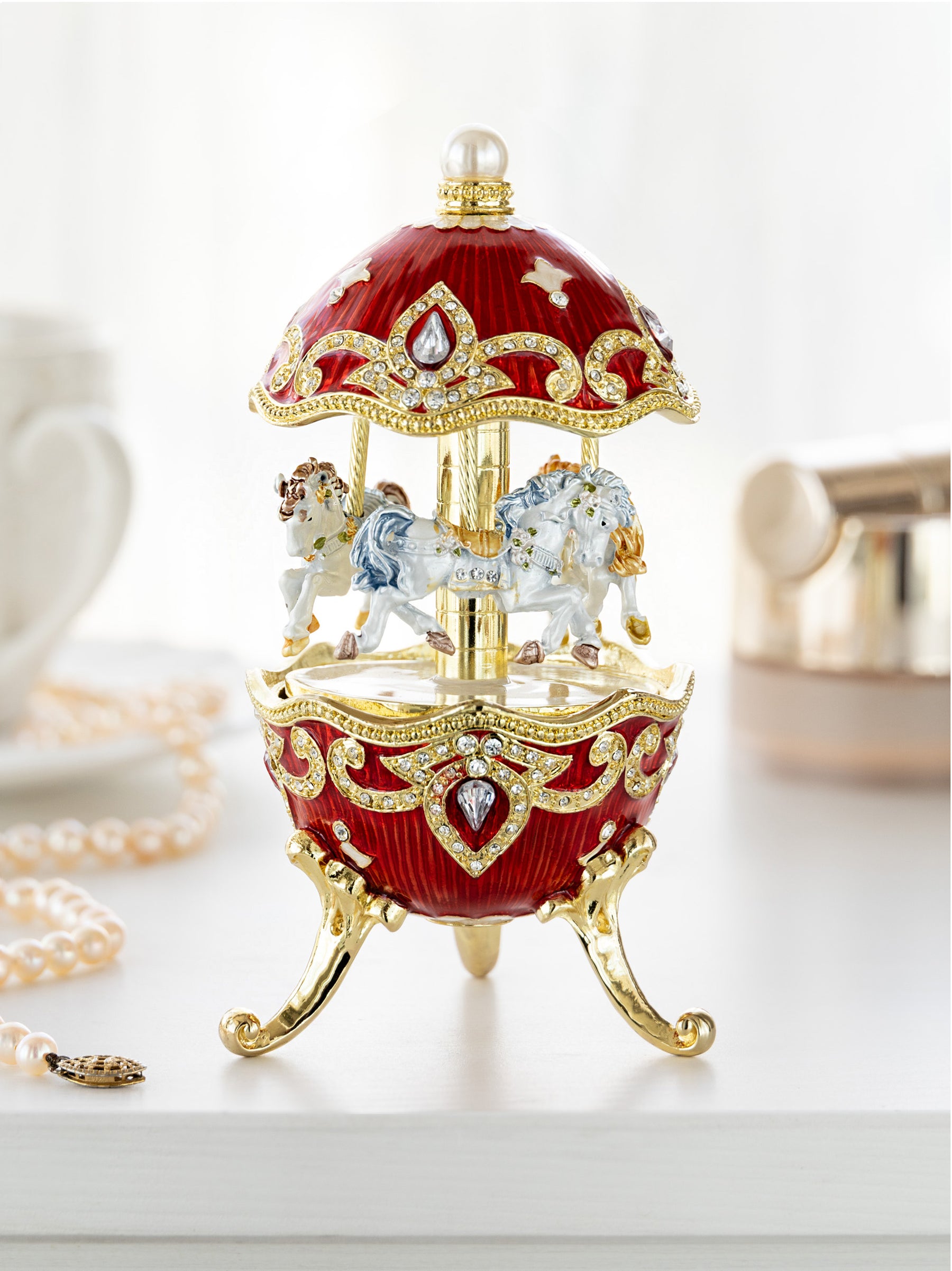 Keren Kopal Red Wind up Horse Carousel Faberge Style Egg