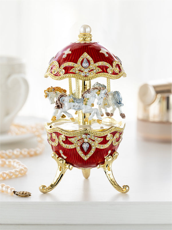 Œuf style Fabergé Carrousel de Cheval Rouge à Remonter