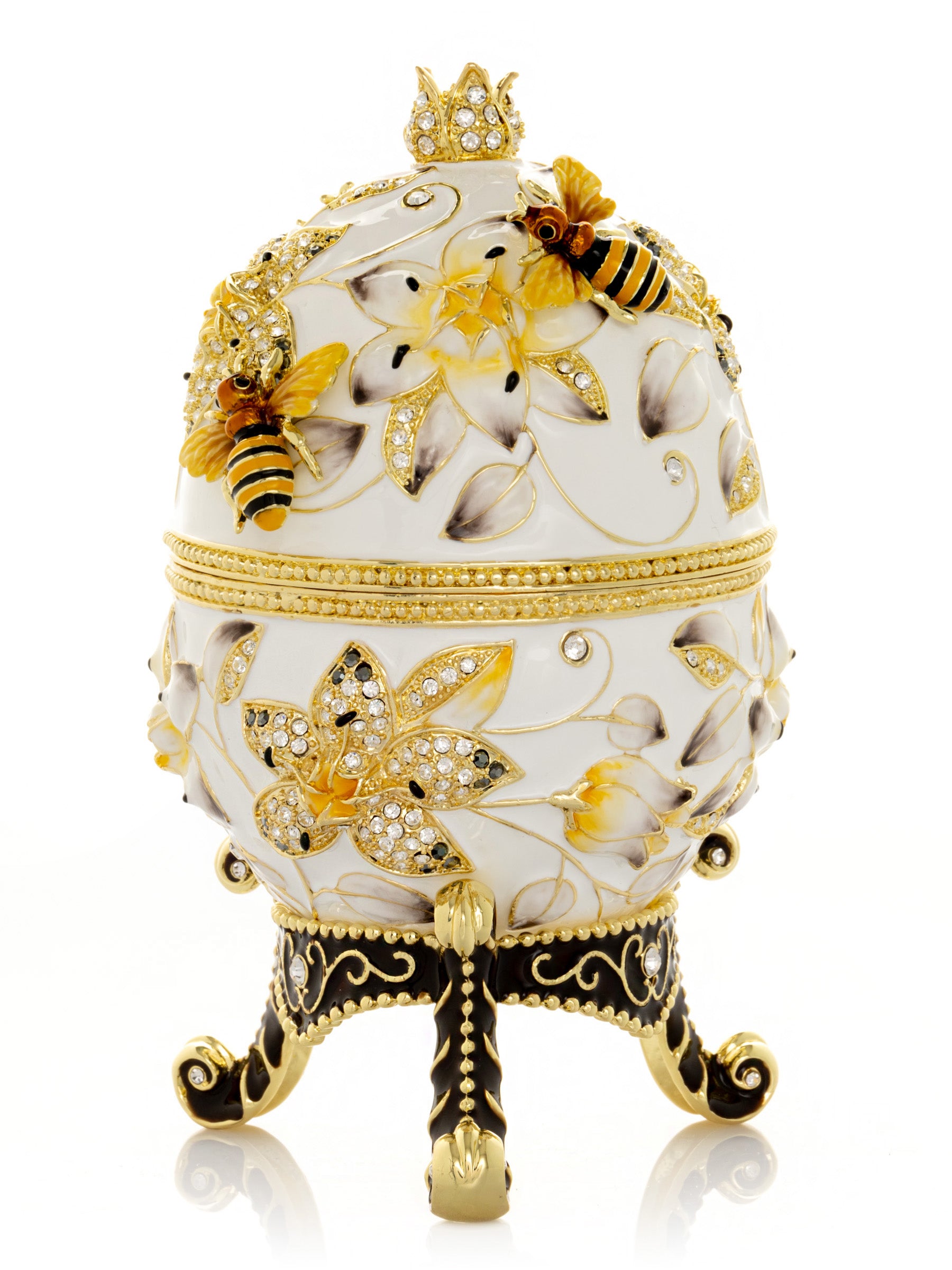 White Faberge Egg with Bees and Flowers