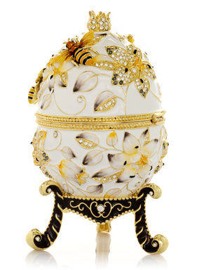 White Faberge Egg with Bees and Flowers