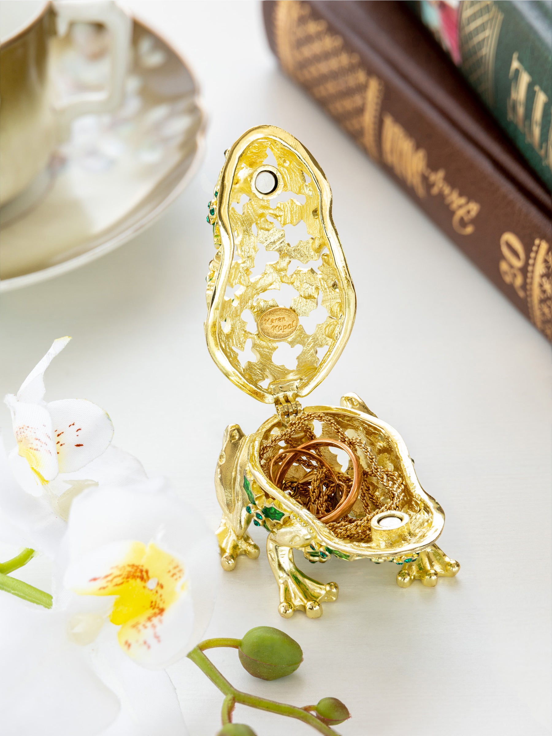Keren Kopal Gold & Green Frog Trinket Box