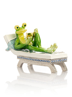 Keren Kopal Relaxing Frog Reading a book on Sun Lounger Trinket Box