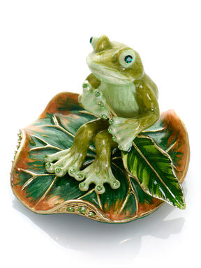 Keren Kopal Green Frog Rowing a Leaf Trinket Box