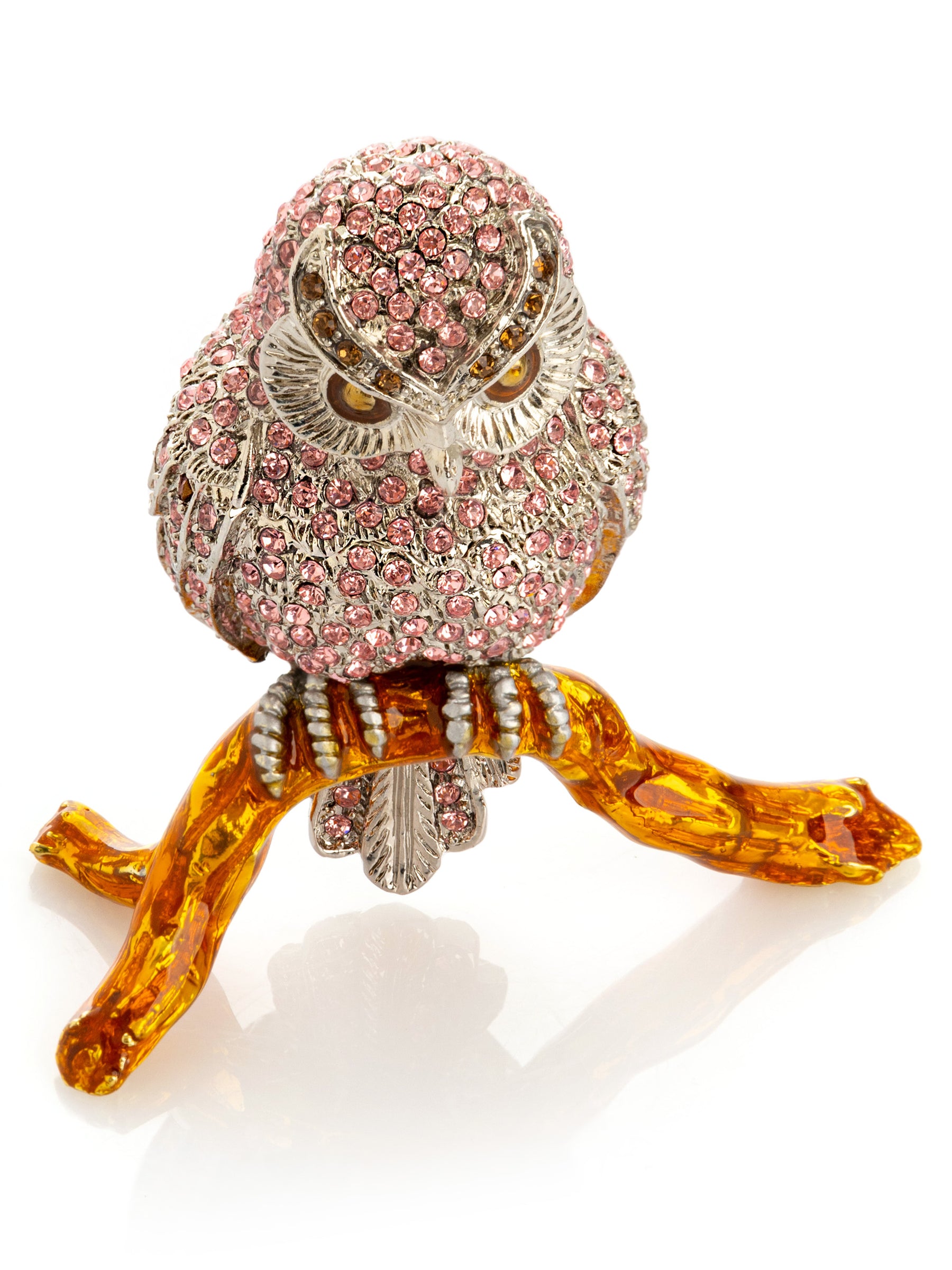 Keren Kopal Pink & Silver Crystal Owl on Amber Tree Branch Trinket Box