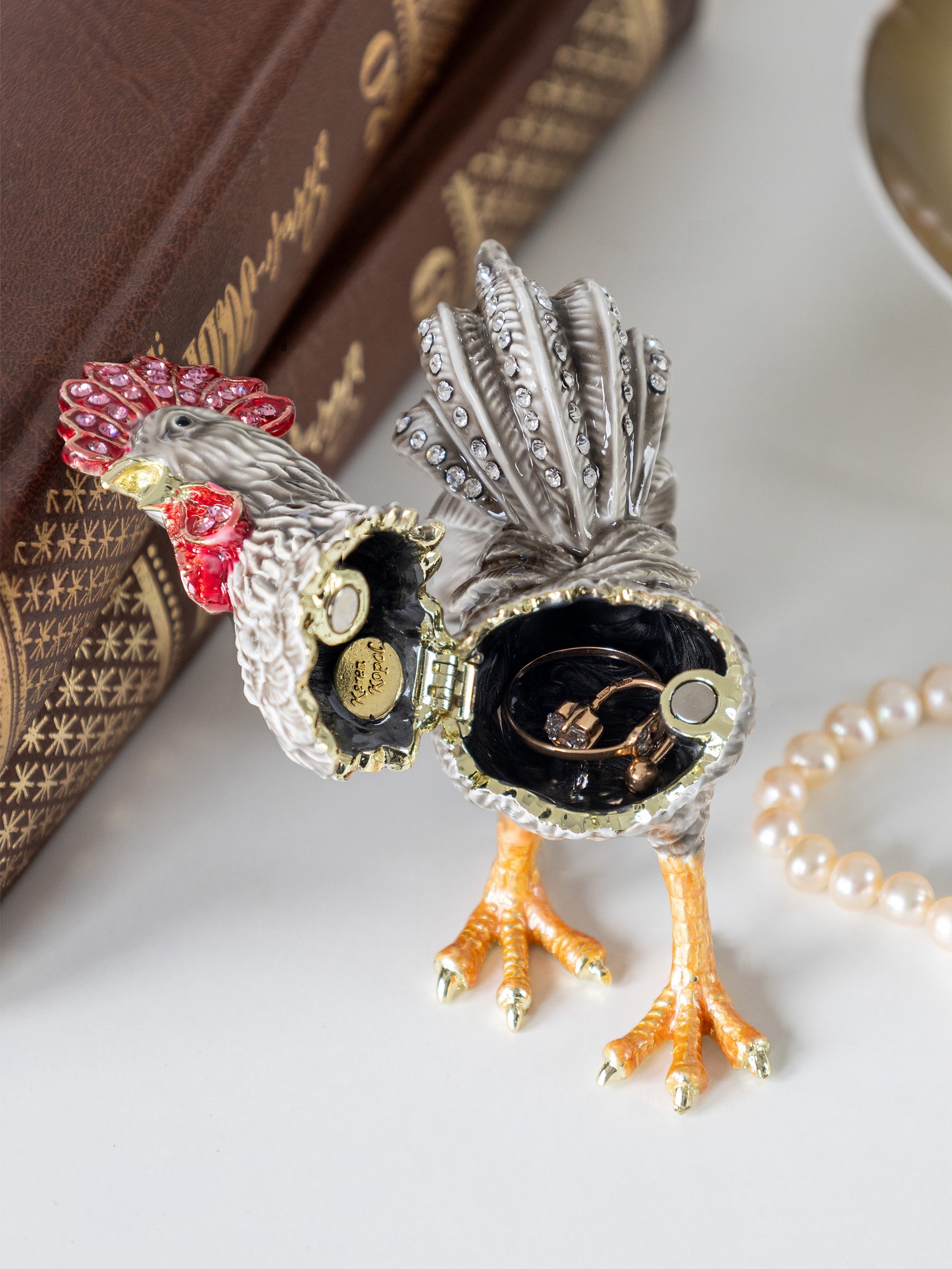 Gray Rooster Jewelry Trinket Box
