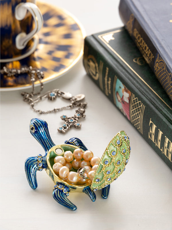 Boîte à bijoux Tortue Bleue à Coquille Dorée