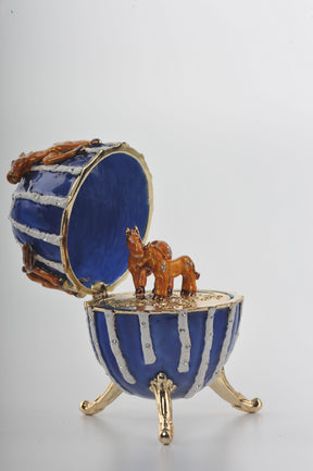 Blue Faberge Egg Trinket Box with Brown Horses