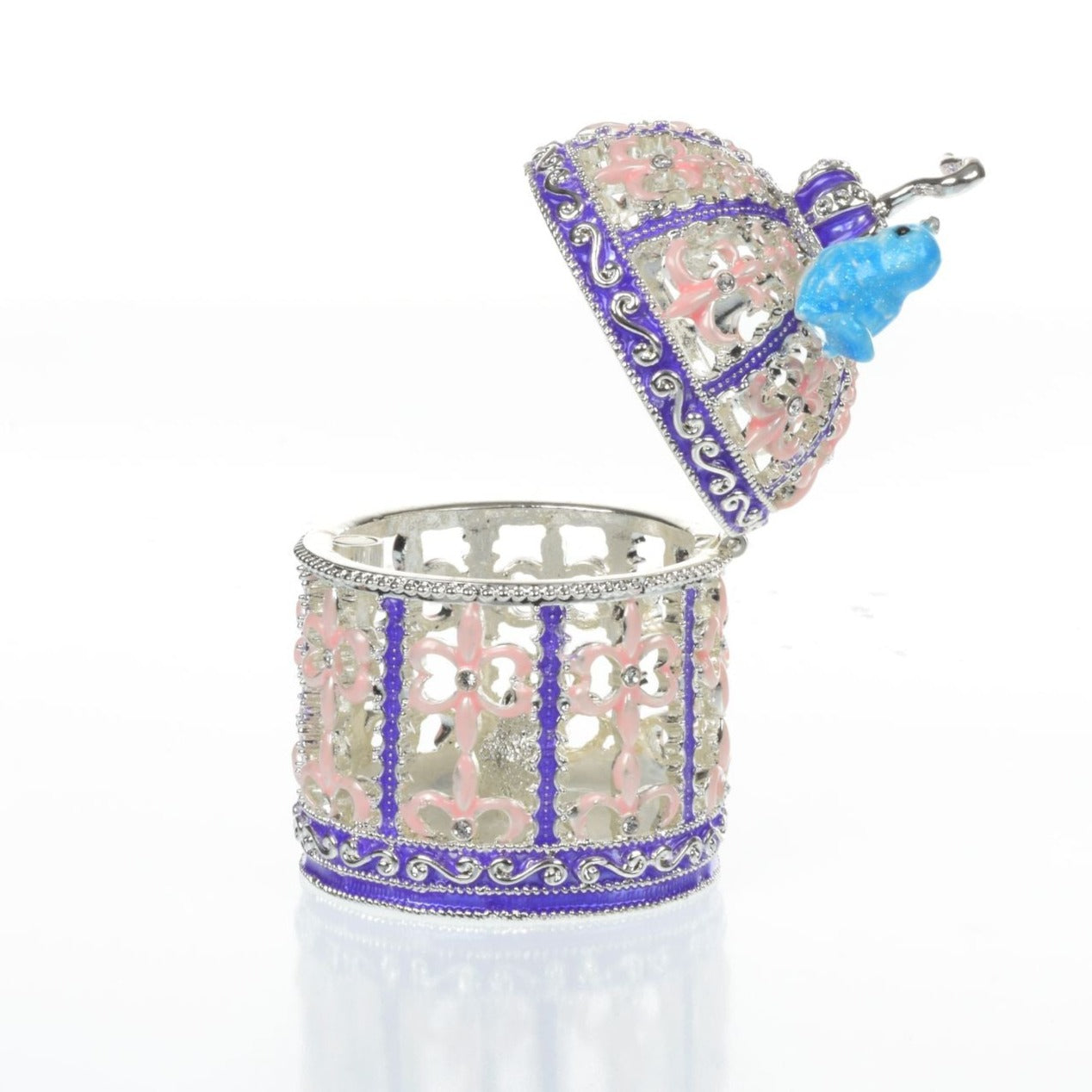 Light Blue Bird on top top of a purple birdcage Faberge Styled Trinket Box