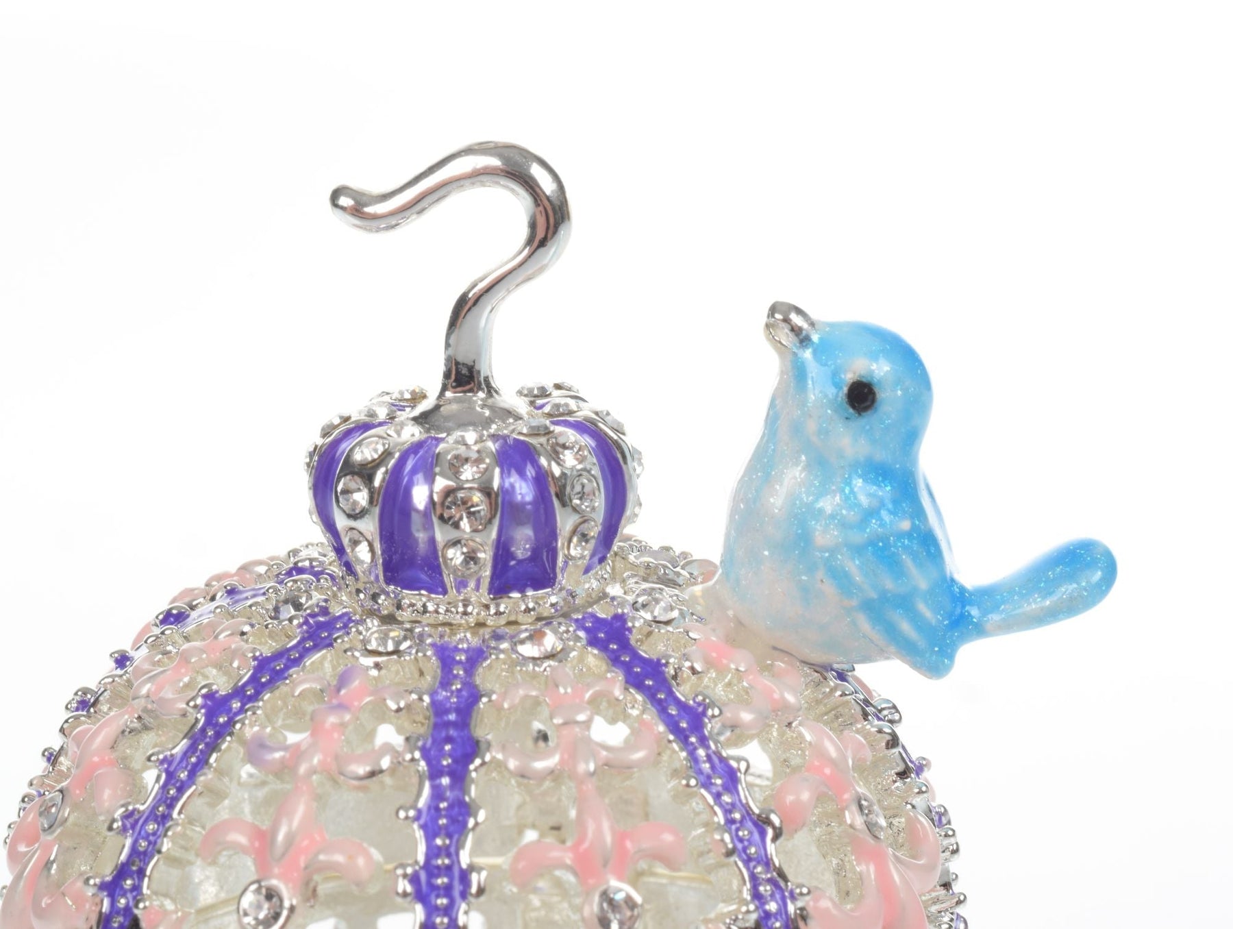 Light Blue Bird on top top of a purple birdcage Faberge Styled Trinket Box