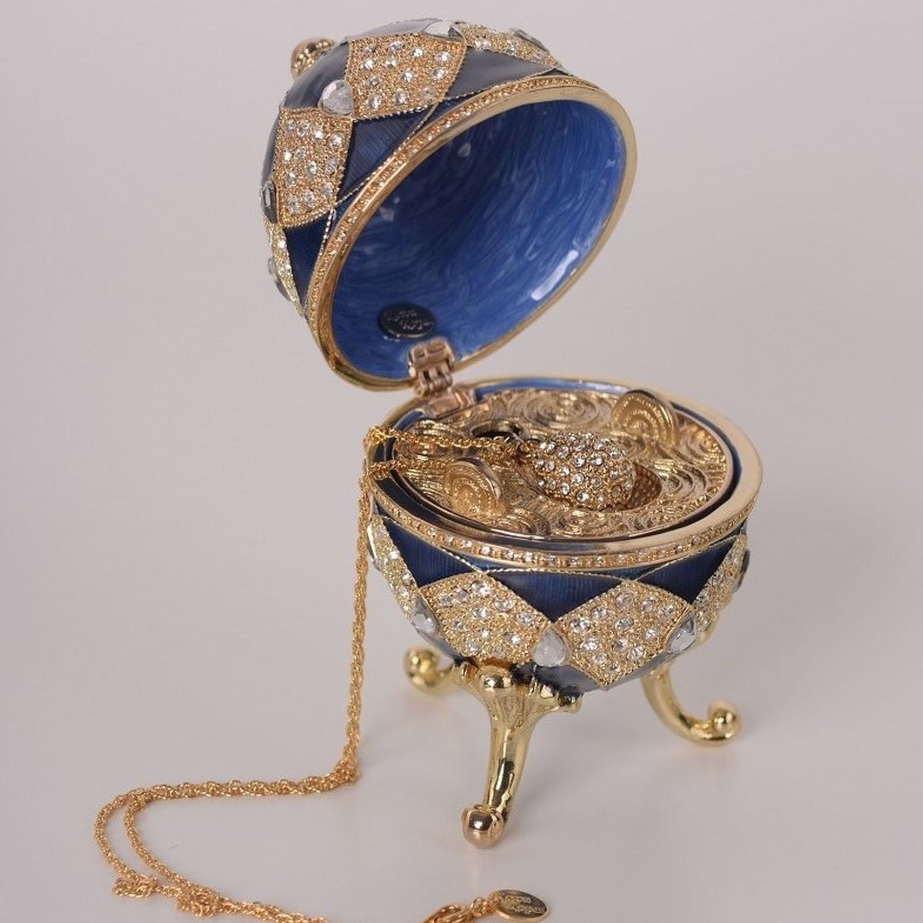 Blue Faberge Egg with Egg Pendant Inside