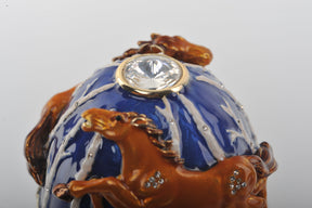 Blue Faberge Egg Trinket Box with Brown Horses