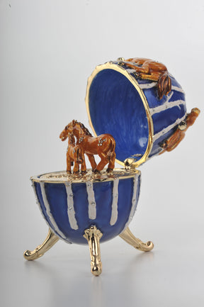 Blue Faberge Egg Trinket Box with Brown Horses