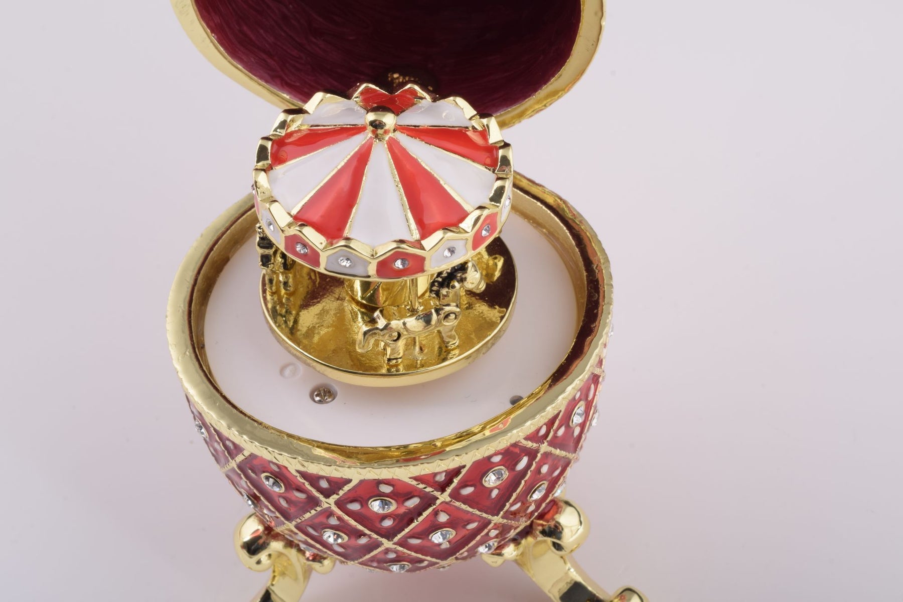 Red Faberge Egg with Horse Carousel Surprise Inside Carousel music box Keren Kopal