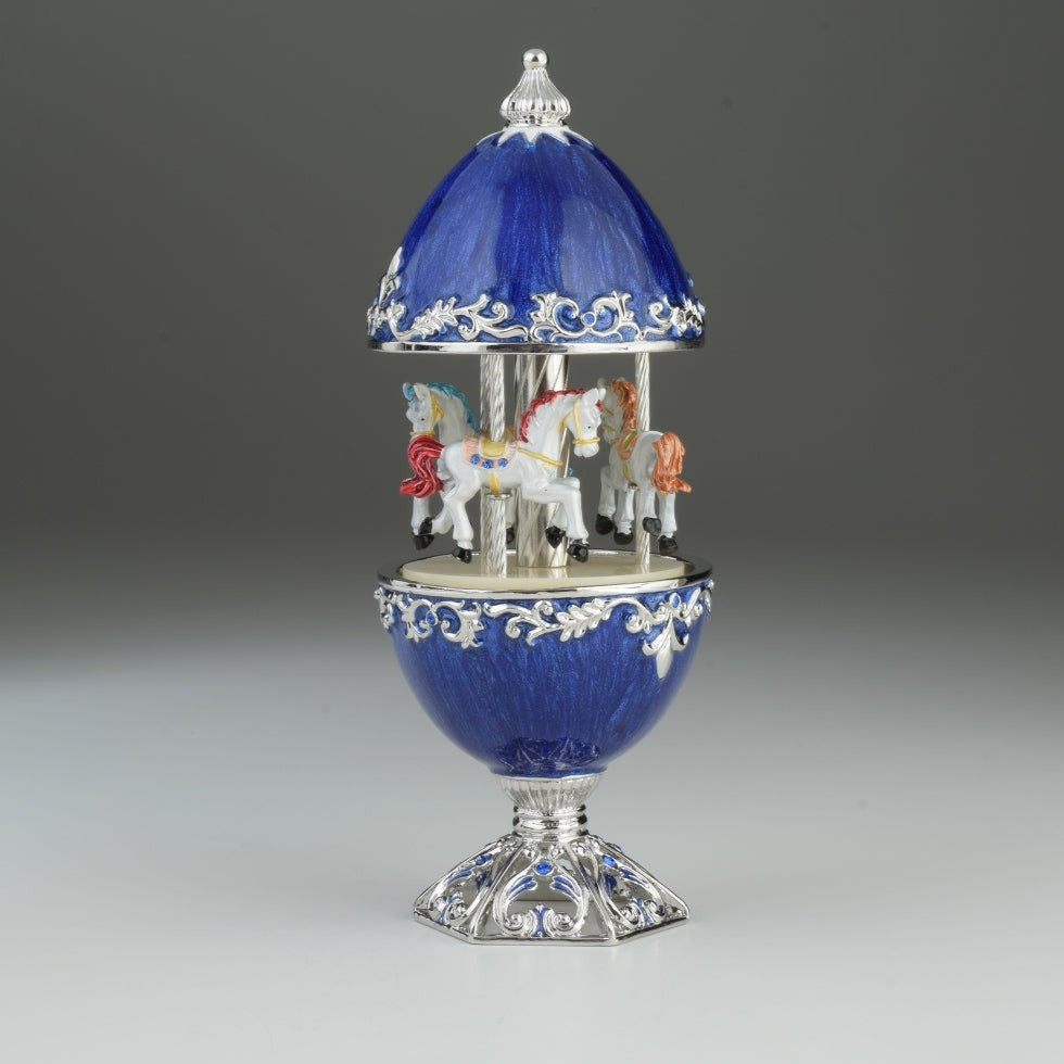 Blue Faberge Egg Carousel with White Royal Horses