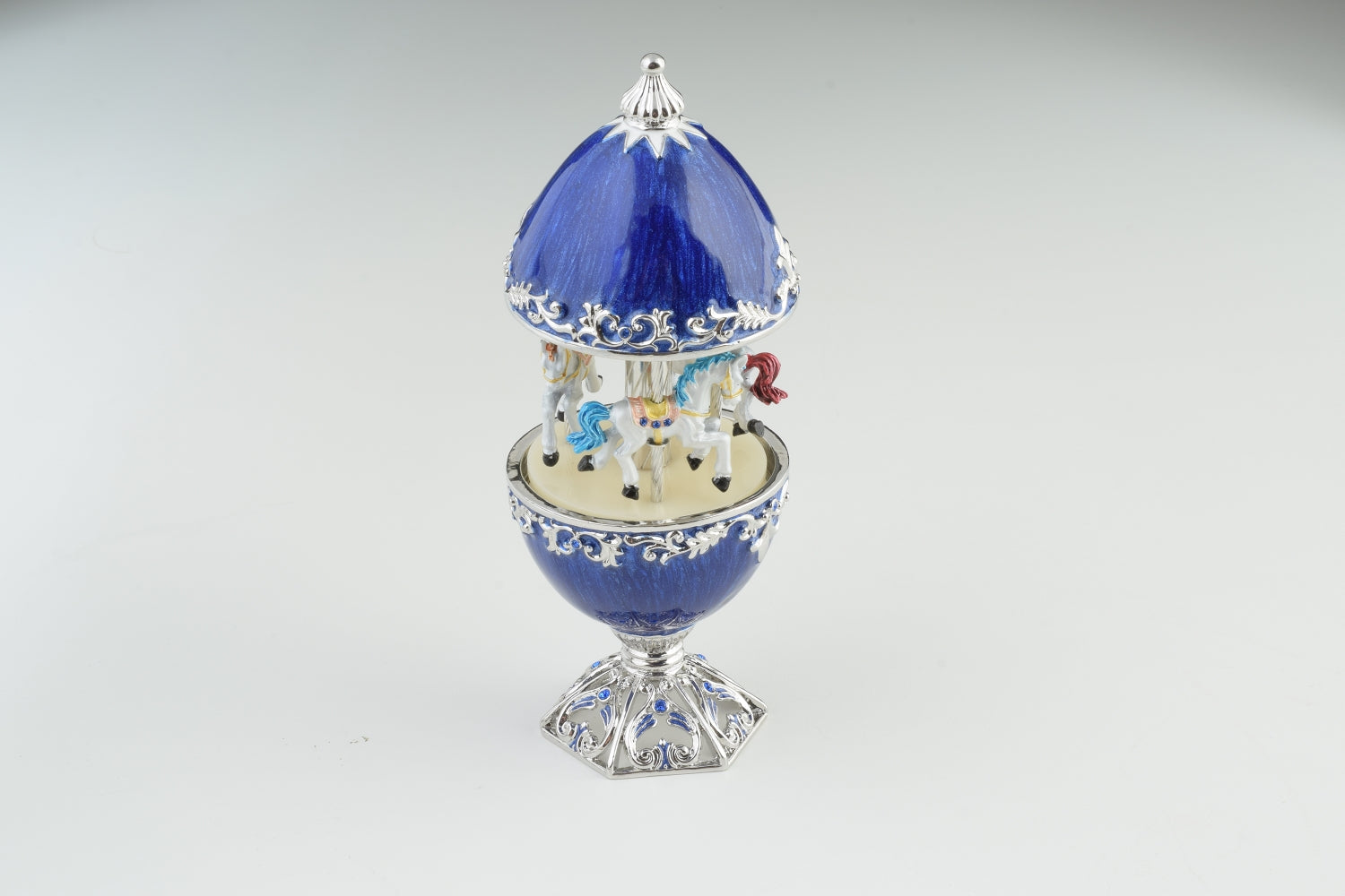 Blue Faberge Egg Carousel with White Royal Horses