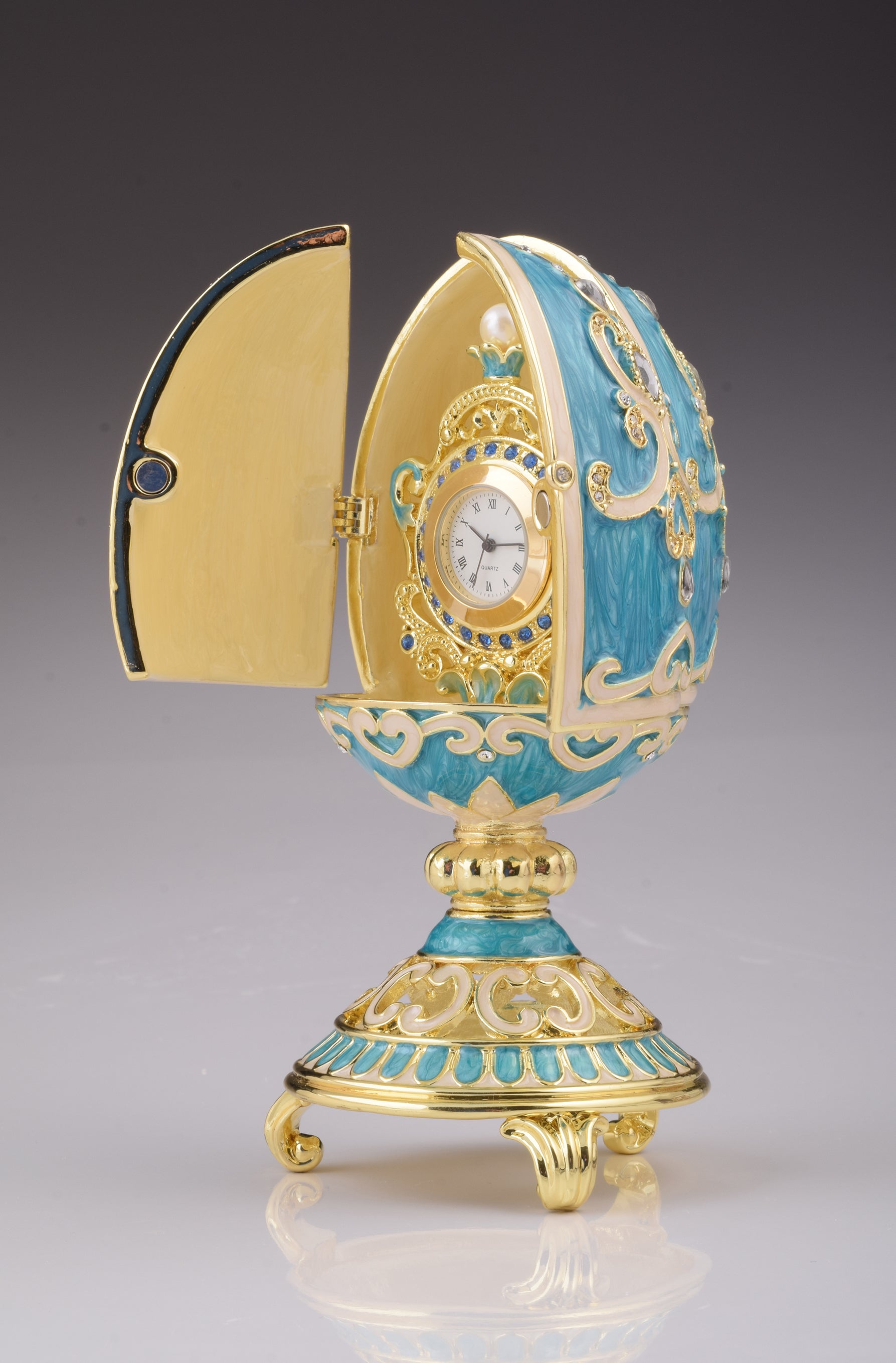 Teal Faberge Egg with Clock Inside